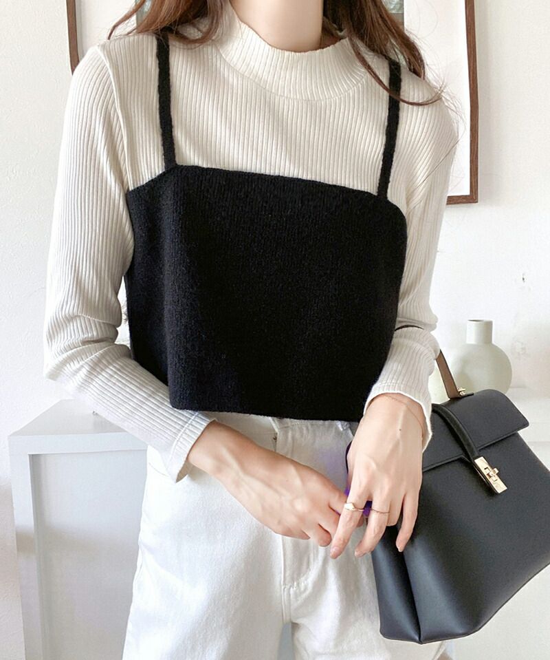 日本 Classical Elf - 二件式針織修身長版上衣+細肩背心-可可卡其