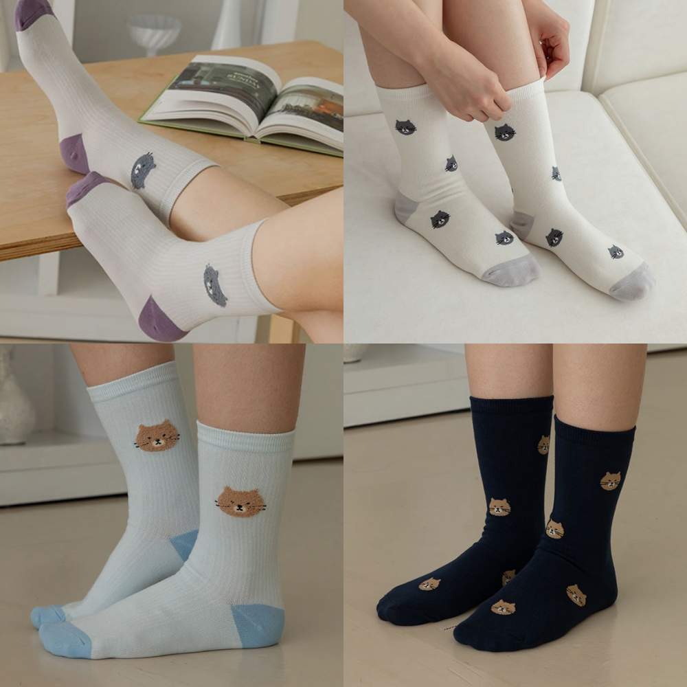 女用襪子/中長筒襪4入組-可愛貓咪 (220~250mm)