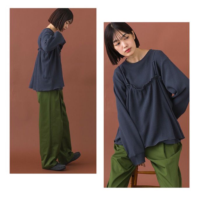 日本 OMNES - 定番華夫格荷葉細肩帶上衣(同色2件組)-深灰