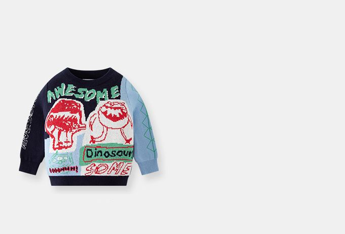 純棉圓領針織長袖上衣-抽象風恐龍-深藍+藍