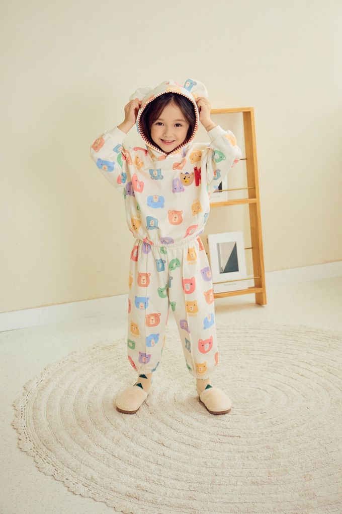 韓國 Mimico - 童趣多彩熊熊印連帽長袖上衣-象牙白