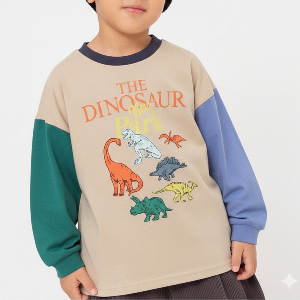 俏皮印花薄長袖上衣-恐龍們-卡其撞色