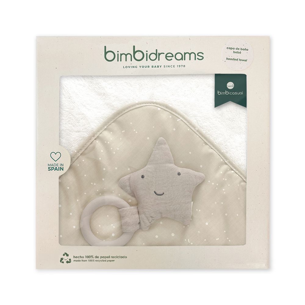 【bimbidreams】竹纖維連帽浴巾+星星固齒器禮盒 75x75cm(寶寶新生兒禮 滿月禮 彌月禮 嬰兒禮盒)-亞麻