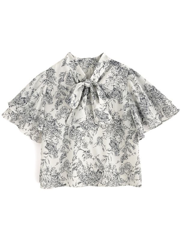 日本 GRL - 2WAY蝴蝶結碎花雪紡短袖上衣-藍x白 (F)