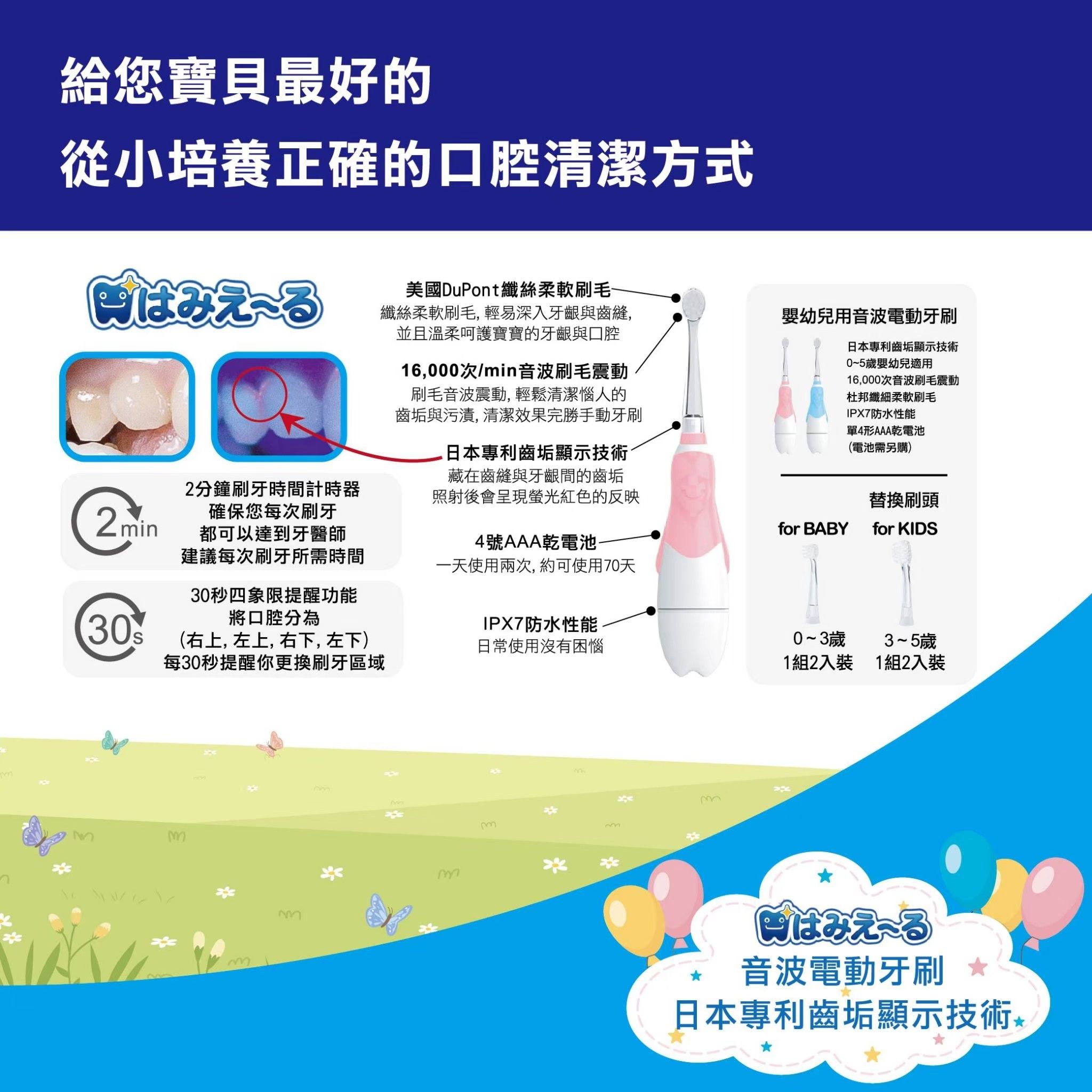 日本 Hamieru - 光能兒童音波震動牙刷-日本齒垢顯示技術-粉色-(含1號和2號刷頭各一)