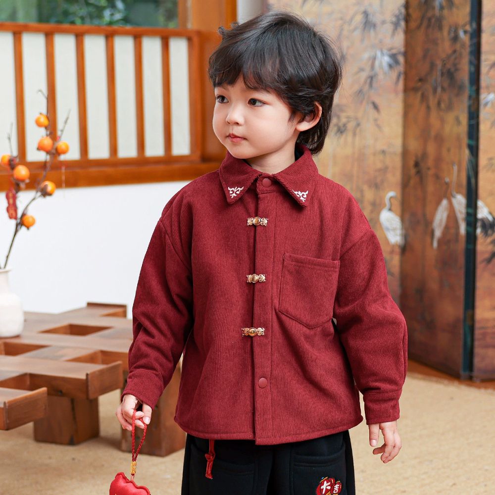 加絨保暖造型扣燈芯絨襯衫-紅色