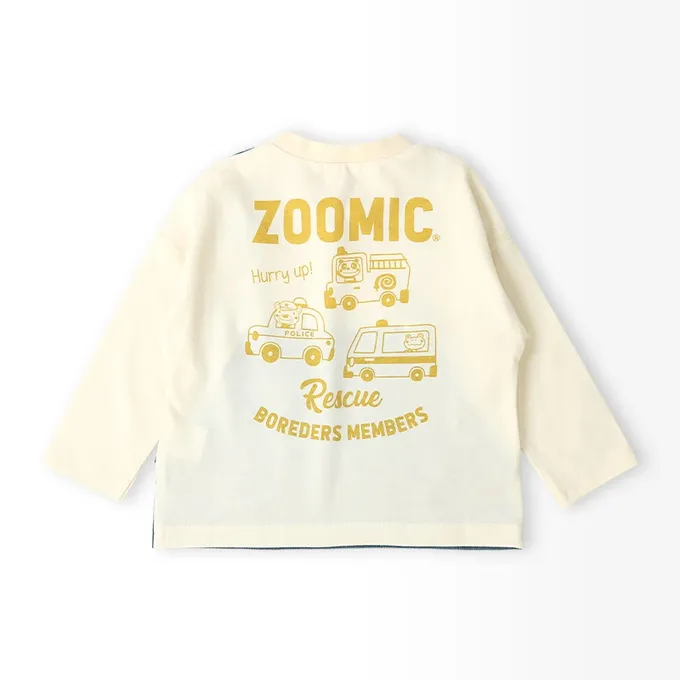 日本 ZOOLAND - 熊熊救援隊 燈芯絨吊帶拼接長袖上衣-警車-白X藍