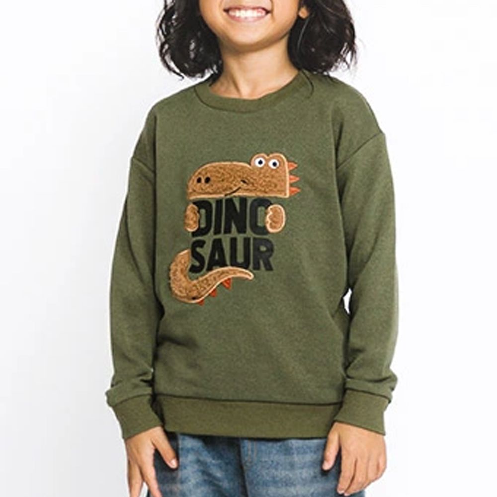 立體刺繡貼布長袖上衣-恐龍-軍綠