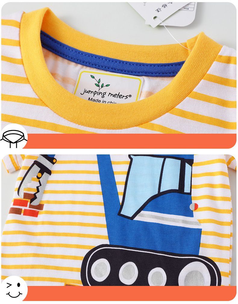 Jumping meters - 棉質圓領條紋短袖上衣-搬磚工程車-黃+白