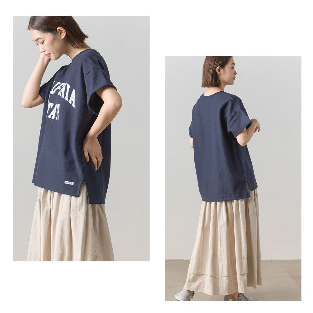 日本 OMNES - 純棉美式印花落肩短袖上衣-深藍