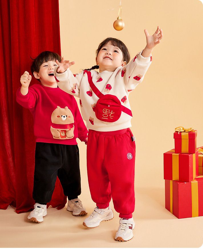 加絨喜氣洋洋長袖上衣-福氣熊熊-紅色