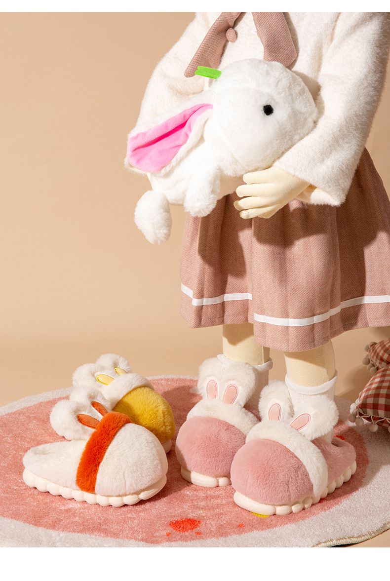 兒童毛毛保暖室內拖鞋(厚底)-兔耳-粉色