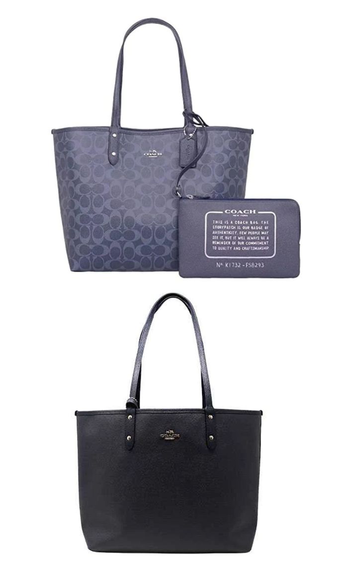 COACH - 滿版LOGO子母雙面托特包 (黑藍)