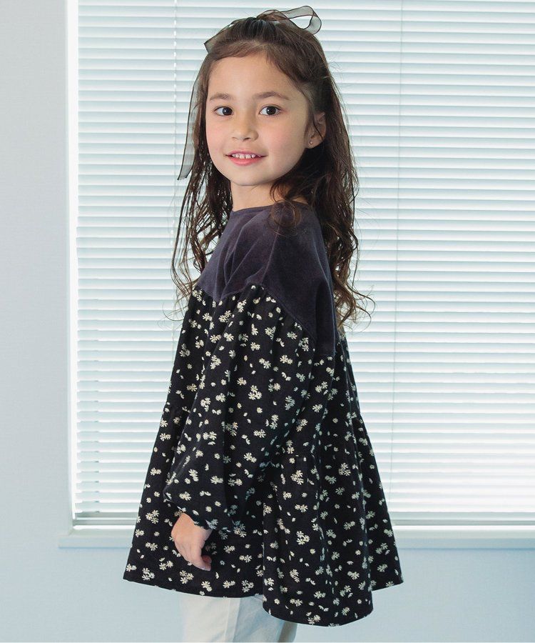 日本 BREEZE - 華美異素材拼接傘狀長袖洋裝-炭黑小花