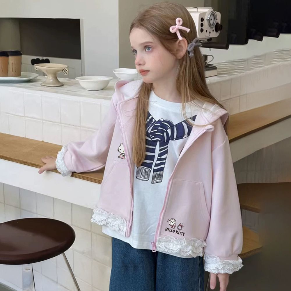 下擺蕾絲花邊休閒連帽外套-卡通人物Hello Kitty-粉色