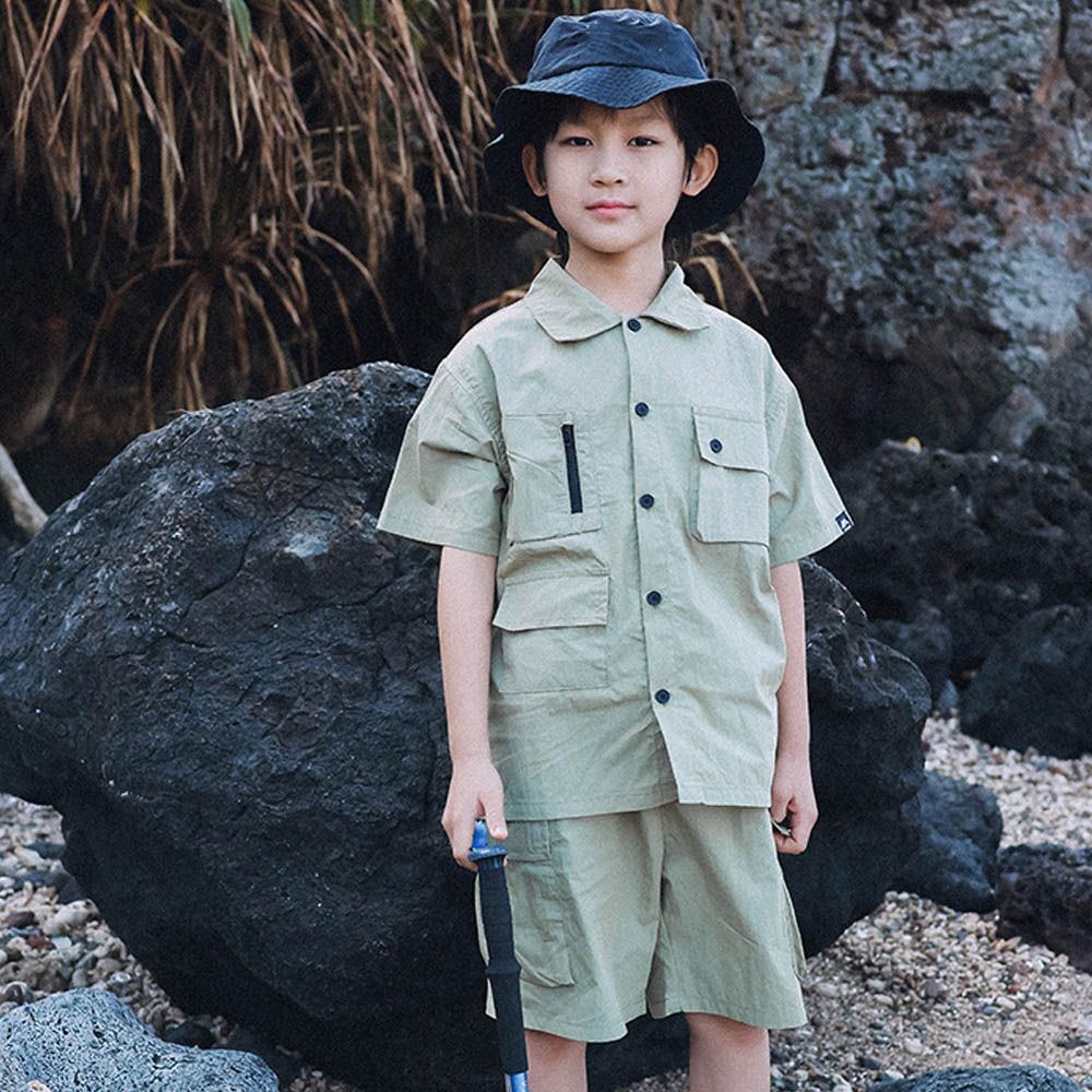 工裝翻領短袖上衣+五分褲兩件式套裝-多口袋-綠色