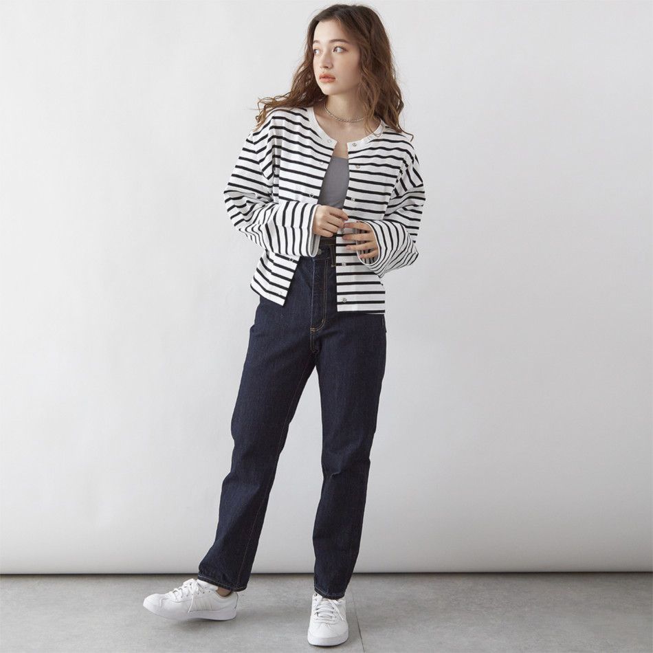 日本 Rejoule - V領橫條紋落肩短版薄外套-藍x白