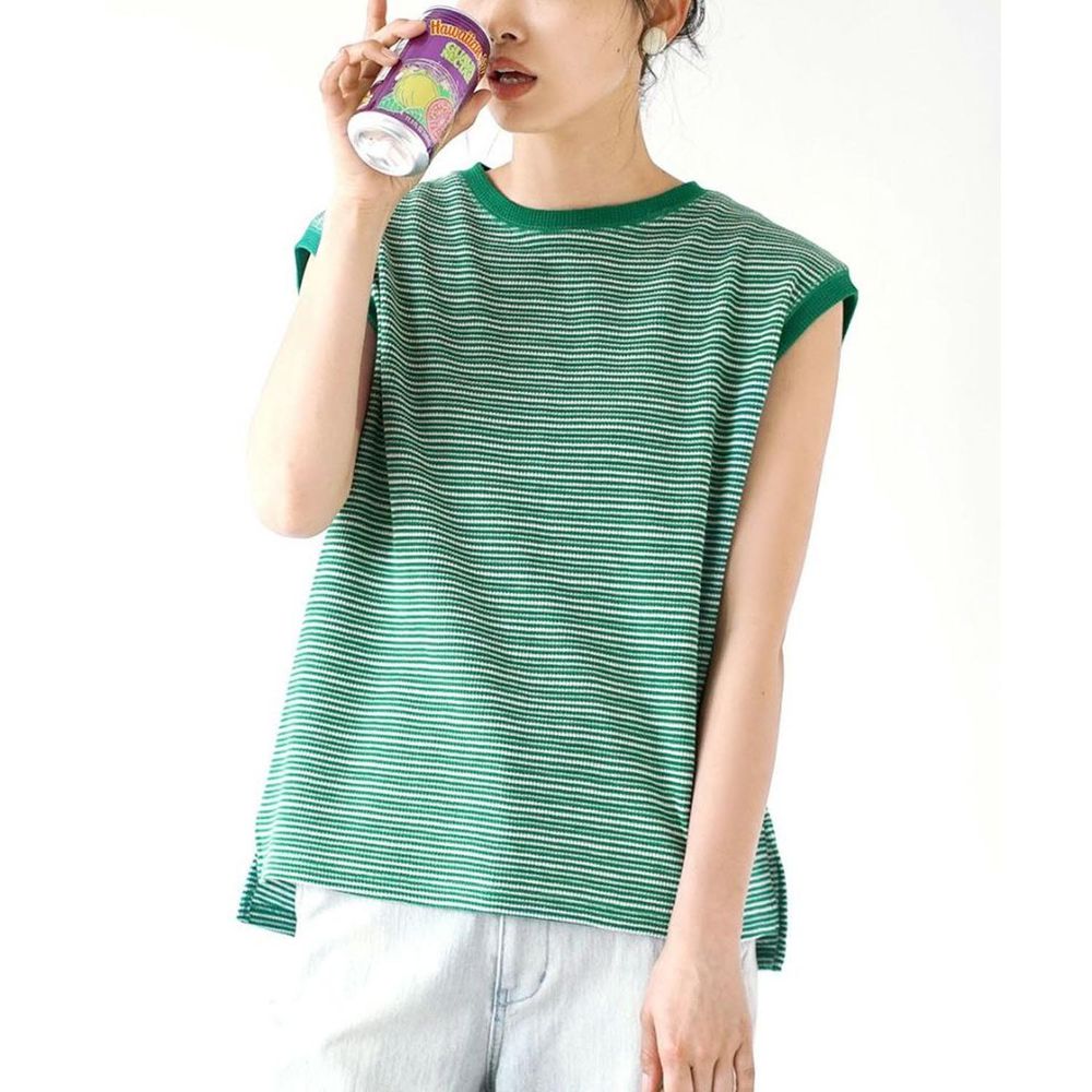 日本 zootie - 圓領修飾簡約編織無袖上衣-條紋-草綠