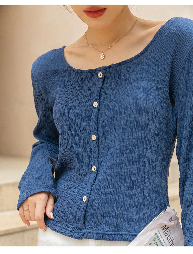 基礎百搭方領長袖上衣-藍色