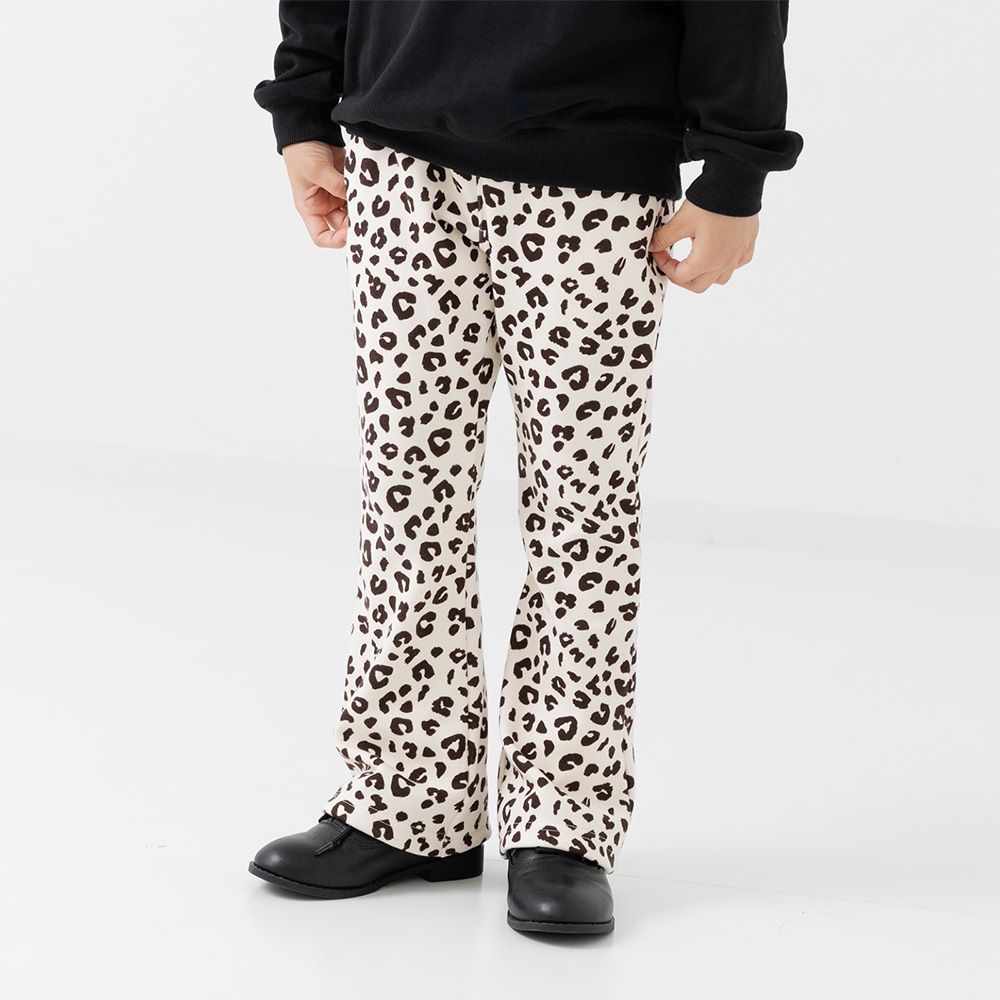 保暖內刷毛微喇叭彈力長褲-豹紋-奶油白