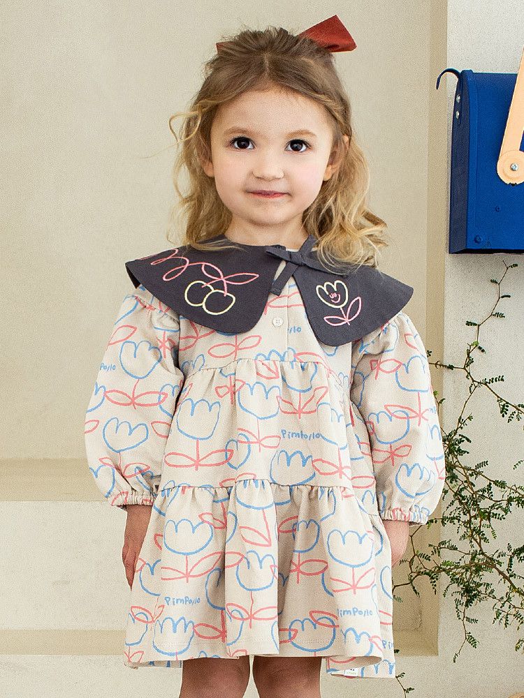 韓國Pimpollo - 可拆翻領可愛花朵洋裝-灰