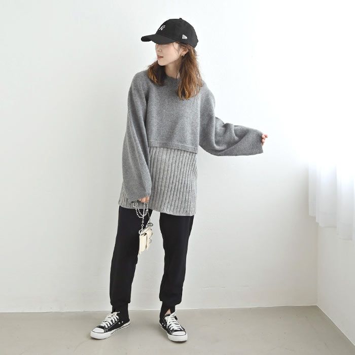 日本 ihuu - [熱銷款] 針織拼接後綁帶氣球袖毛衣-淺灰