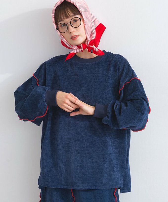 日本 Lupilien - 木耳縫線休閒絨面長袖上衣-海軍藍