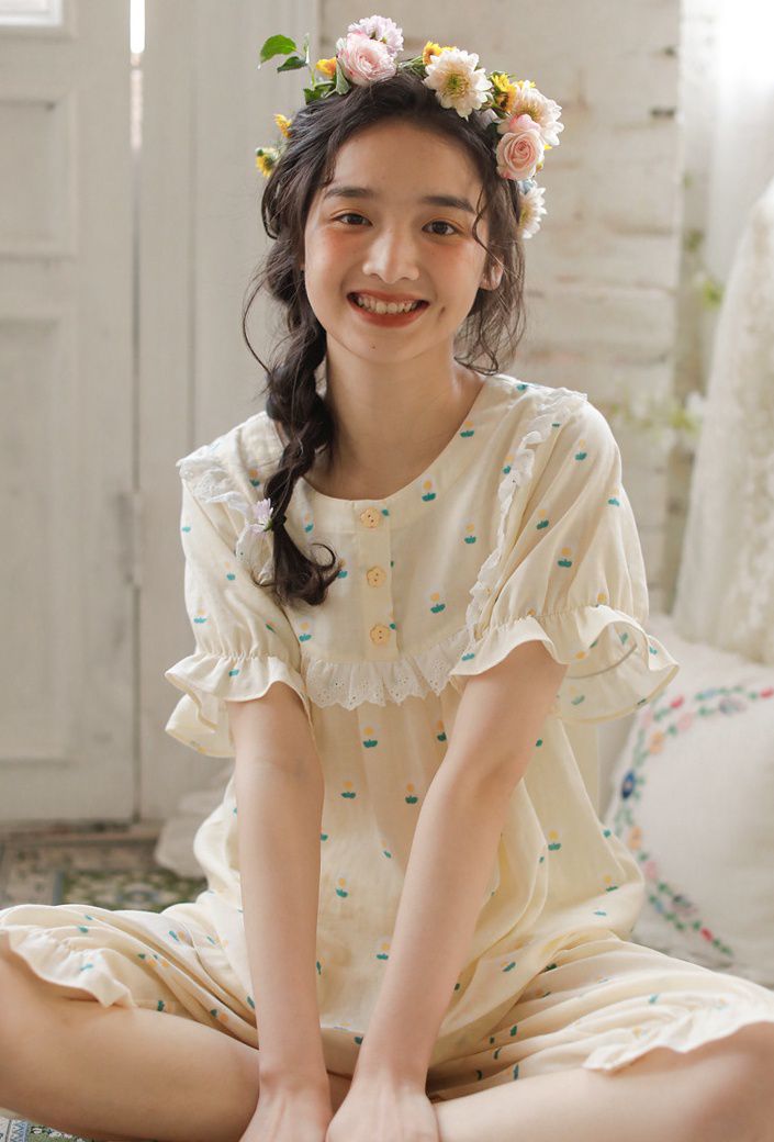 雙層棉紗布透氣家居睡衣套裝-短袖+膝下褲-黃色