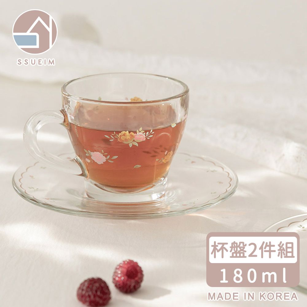 韓國 SSUEIM - 古典玫瑰系列玻璃咖啡杯盤 180ml