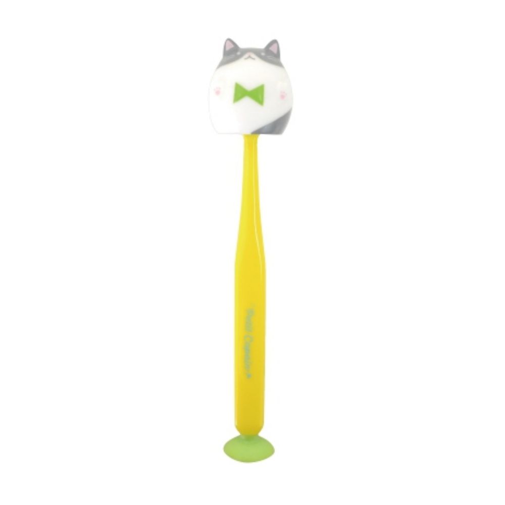 日本 U-COMPANY - 童趣動物上蓋吸盤式牙刷-小貓-黃 (3y+)