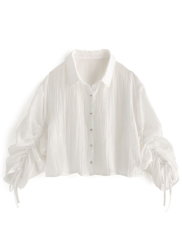 日本 GRL - 楊柳皺縮短版抽繩襯衫-水藍 (F)