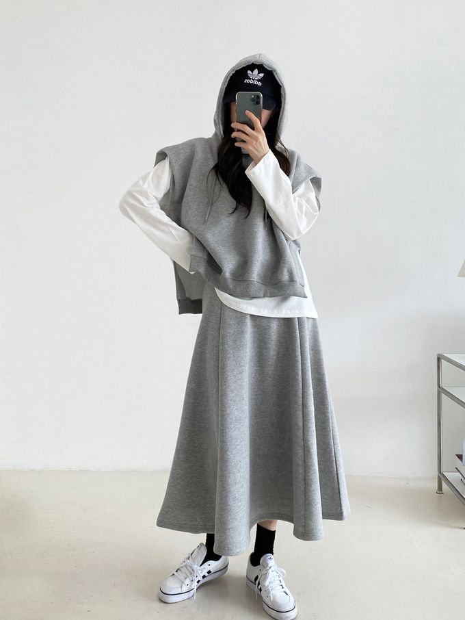 韓國女裝連線 - 休閒風連帽背心長裙套裝-黑 (FREE)