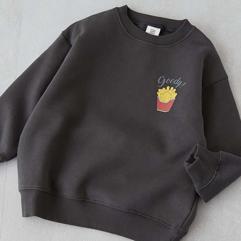 熱銷定番 裏起毛落肩大學長袖上衣-薯條-灰黑