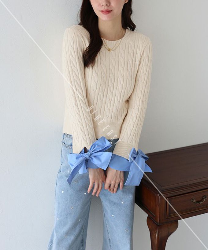 日本 BLUE EAST - 亮麗蝴蝶結緞帶袖麻花針織上衣-灰