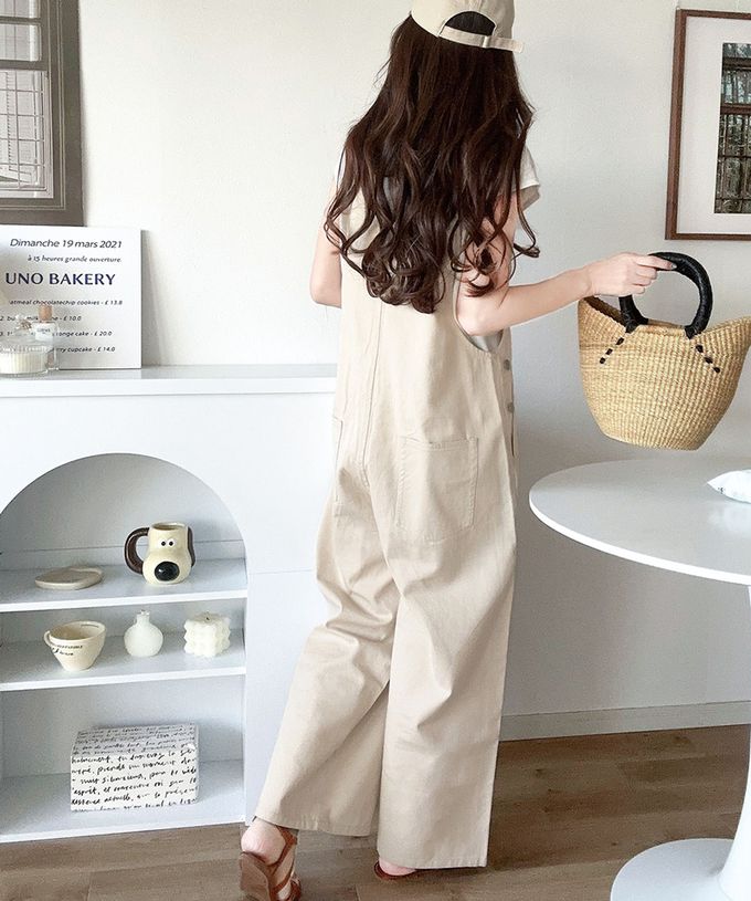 日本 Classical Elf - 純棉廓形丹寧風吊帶褲-側圓扣-象牙