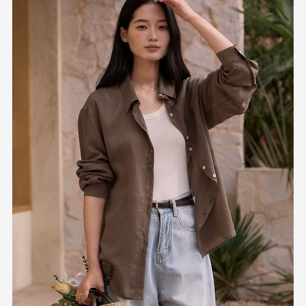 極簡慵懶天絲亞麻輕盈呼吸襯衫-咖啡