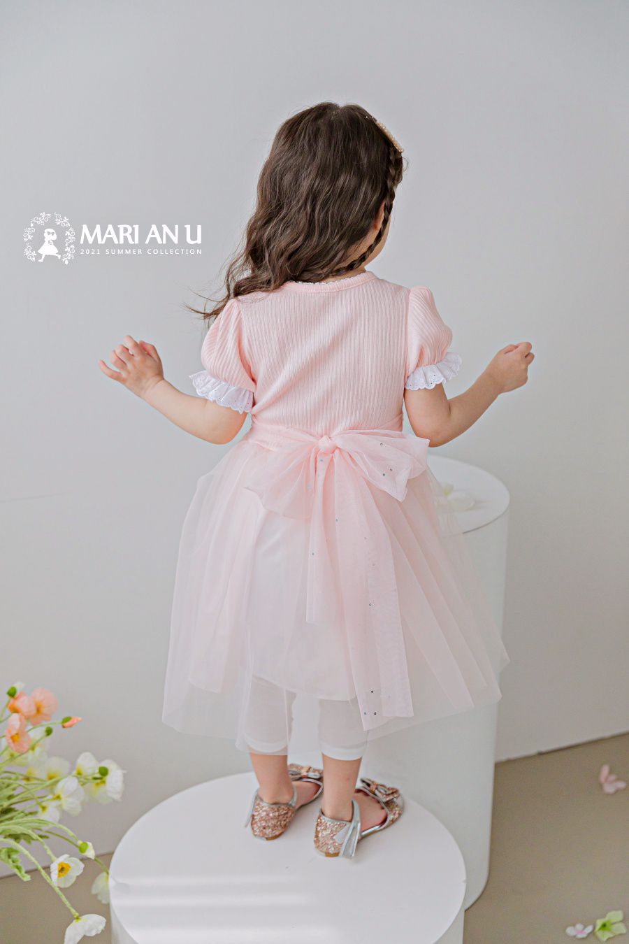 韓國 mari an u - 蕾絲層次紗裙洋裝-粉紅