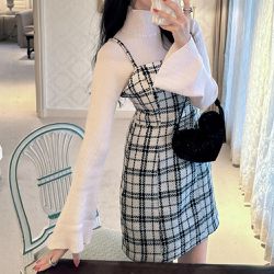 日本 GRL - 甜美格子花呢細肩帶短洋裝-象牙米