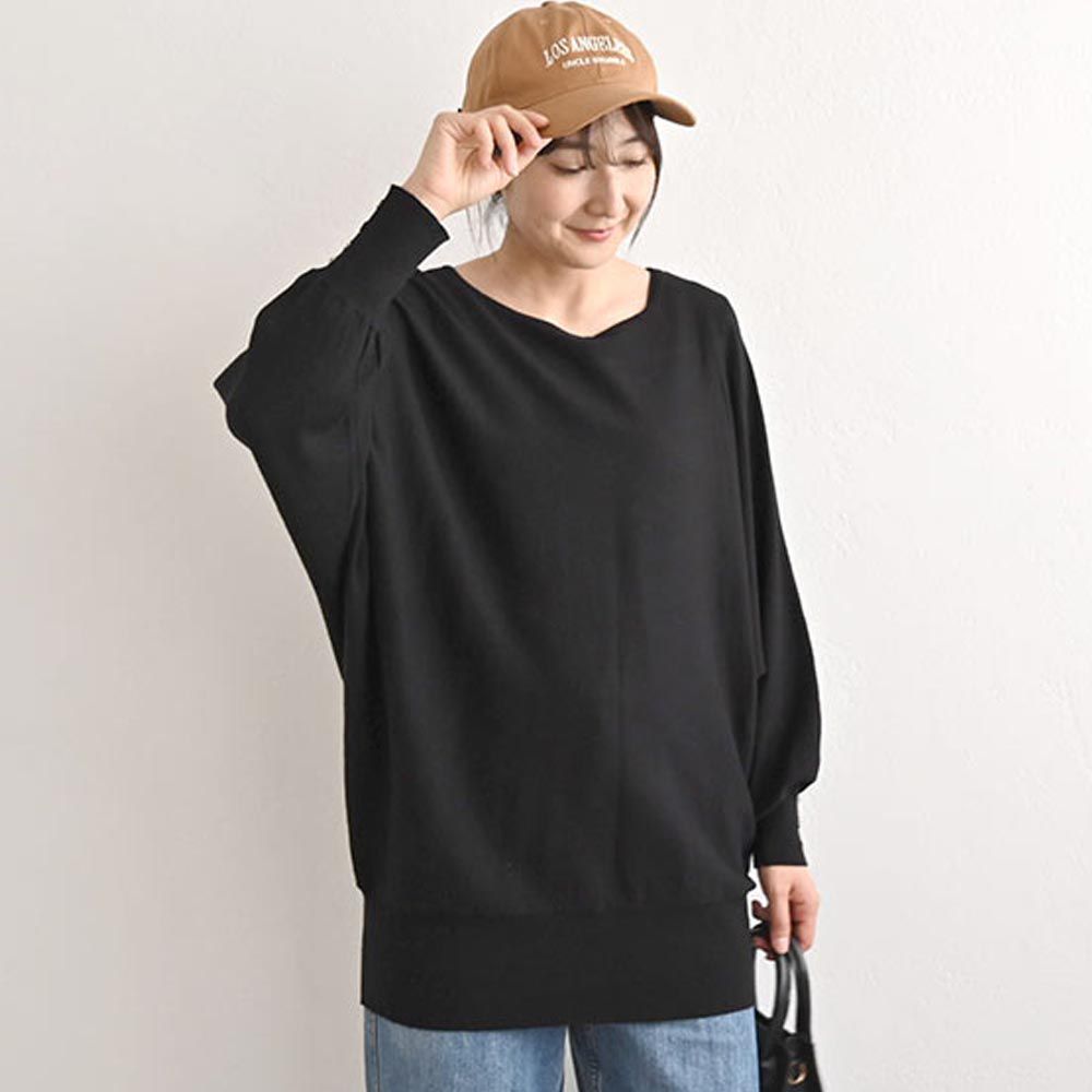 日本 ihuu - 袖釦寬鬆大圓領舒適針織上衣-黑