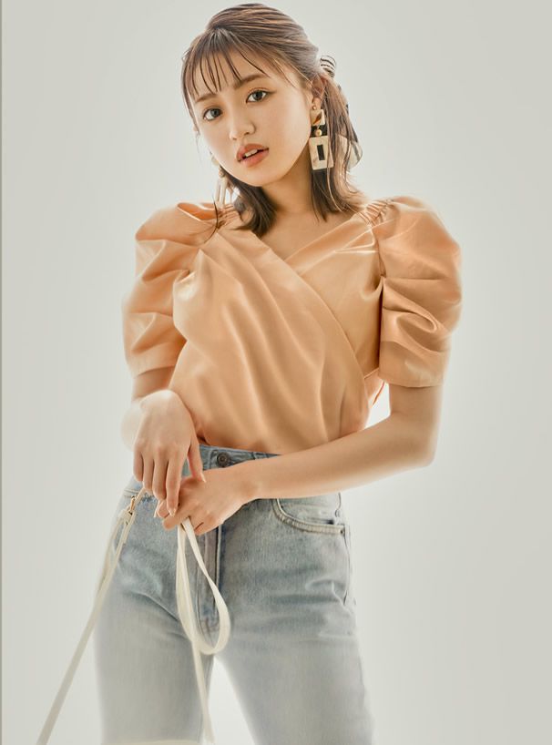 日本 GRL - 2way後腰綁帶交叉V領短袖澎澎上衣-時尚黑