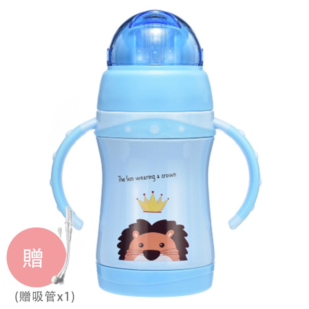 BABY TALK - 可愛動物不鏽鋼2用水杯兒童水壺-獅大王-藍色 260ml-獨家贈替換吸管*1
