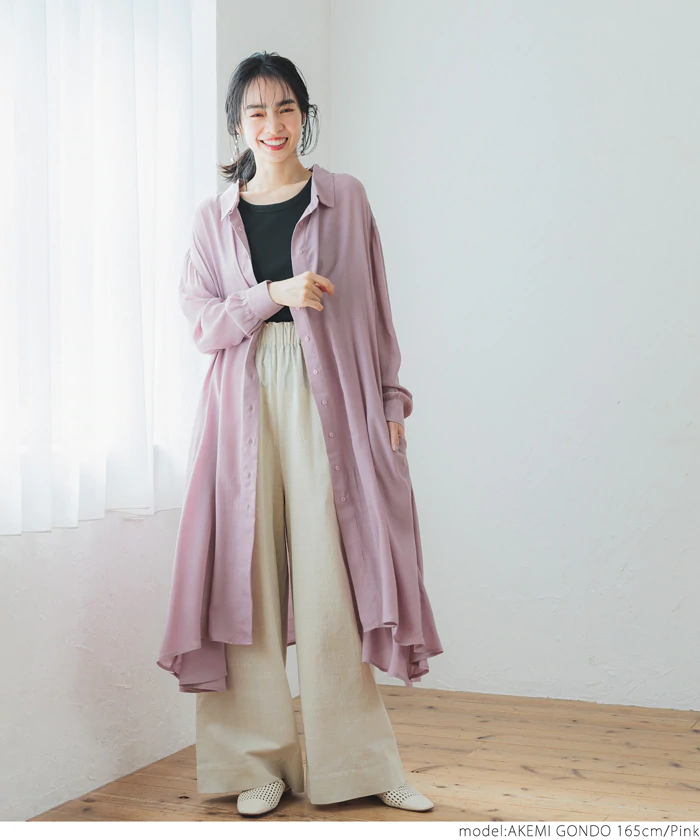 日本 COCA - 寬鬆傘狀薄長袖襯衫洋裝/外套-粉