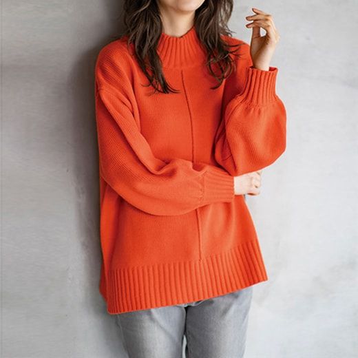日本 BELLUNA - 高領落肩寬鬆柔軟針織毛衣-素色-暖橘