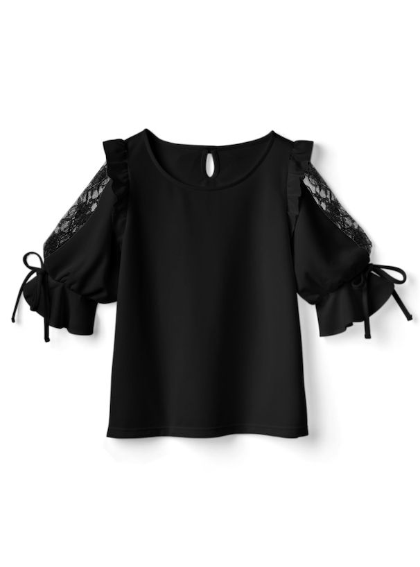 日本 GRL - 甜美蕾絲拼接短袖上衣-星塵藍