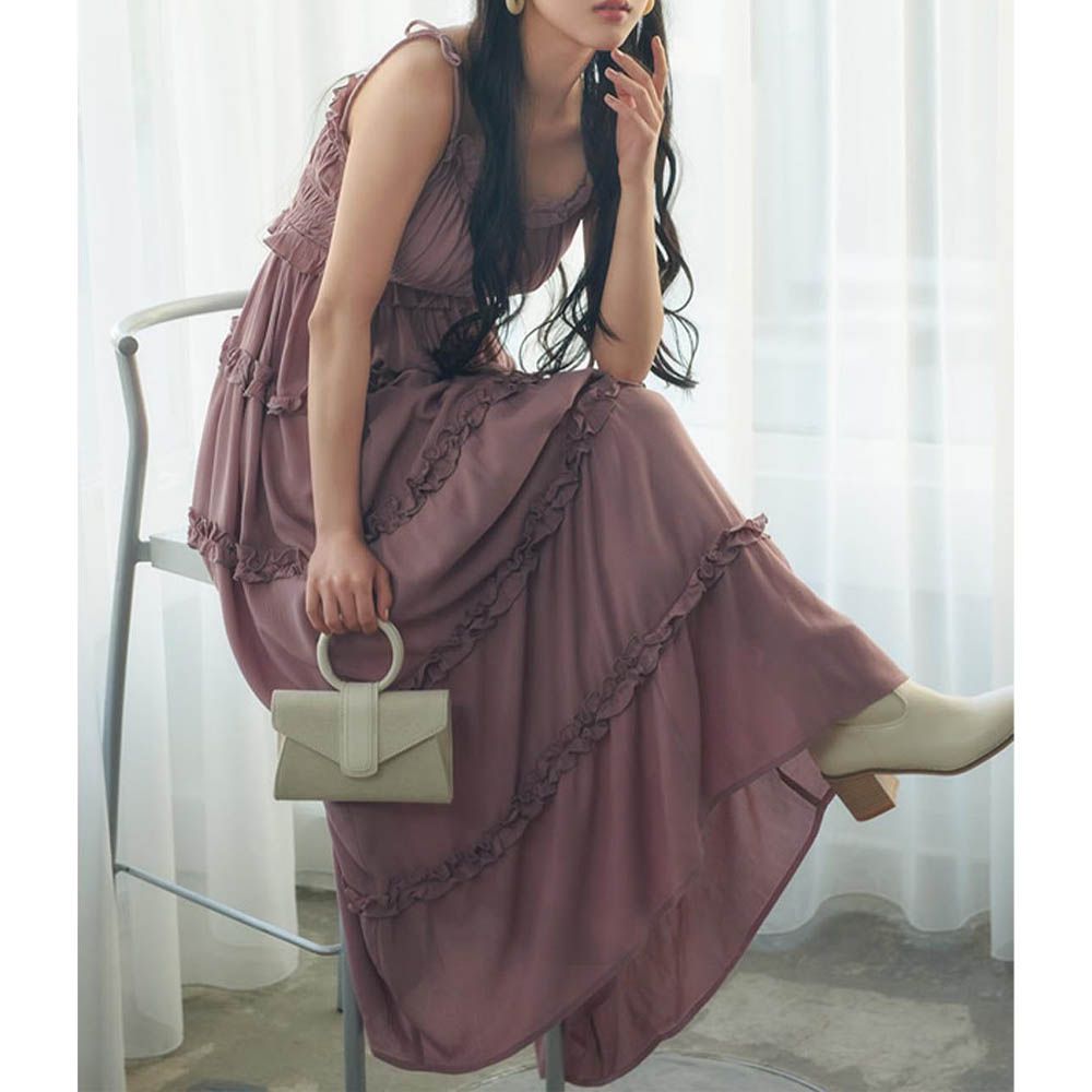 法式溫柔滾邊層次細肩帶洋裝-煙燻粉