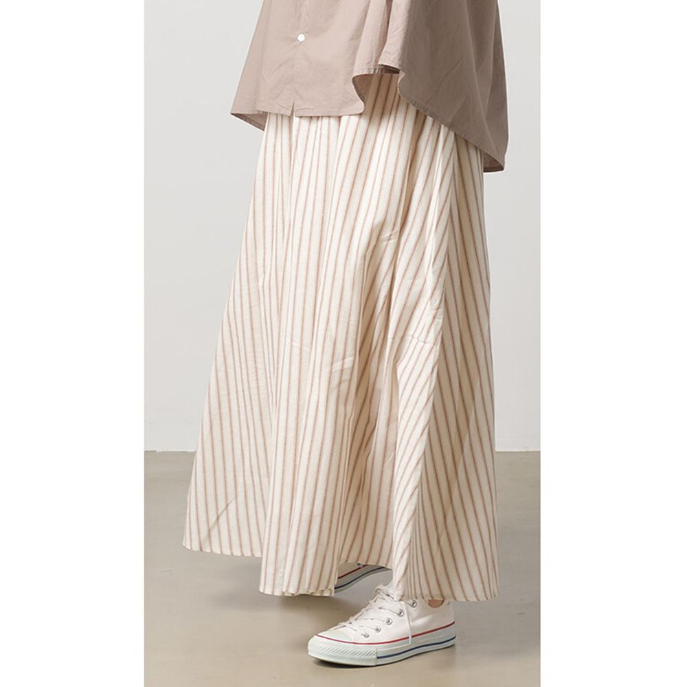 日本 OMNES - 寬鬆傘狀長裙-細條紋-米棕