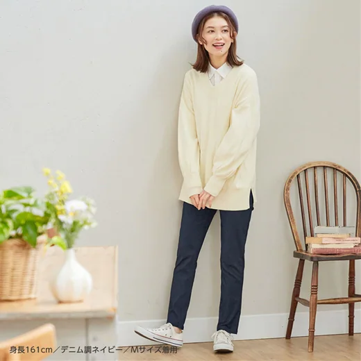 日本 BELLUNA - 簡約彈性美腿長褲-丹寧藍