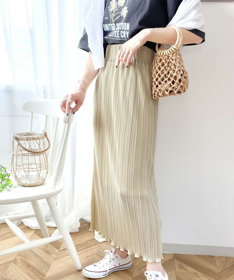 日本 Classical Elf - 經典楊柳百摺直筒裙-米杏