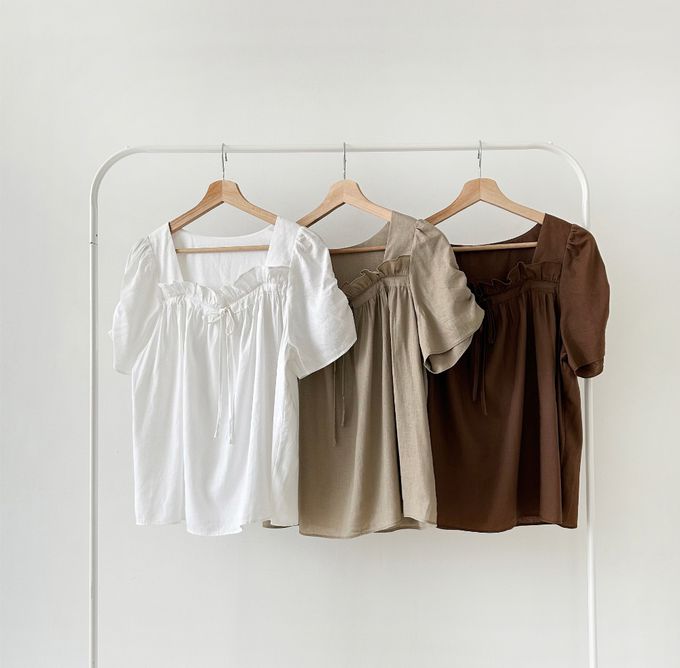 韓國女裝連線 - 波浪方領棉麻短袖上衣-白 (FREE)