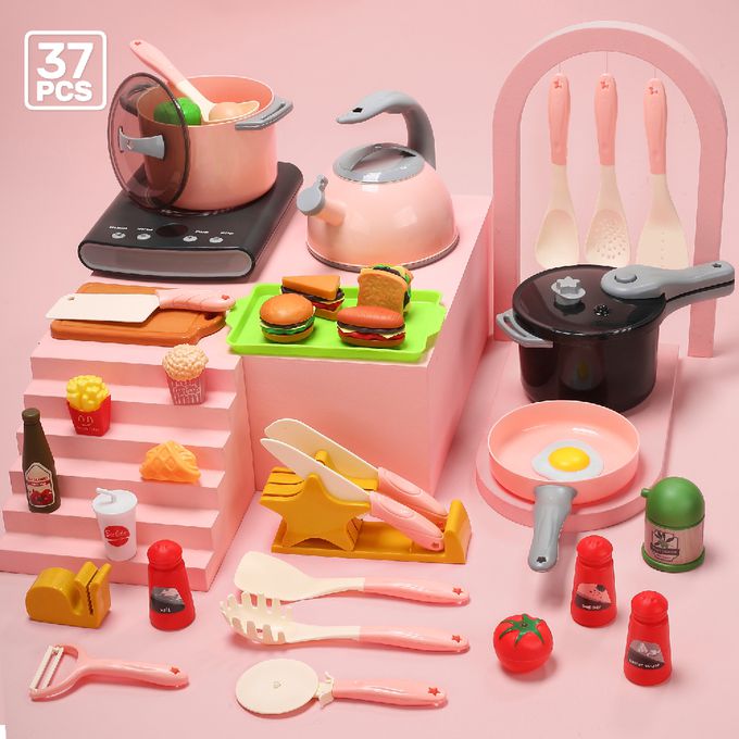 CuteStone - 兒童仿真電磁爐與吐司漢堡切切樂套裝玩具37件組